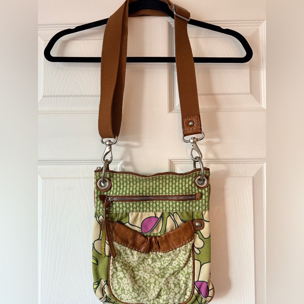 Vintage Boho Fossil Green and Brown Canvas Crossbody Bag